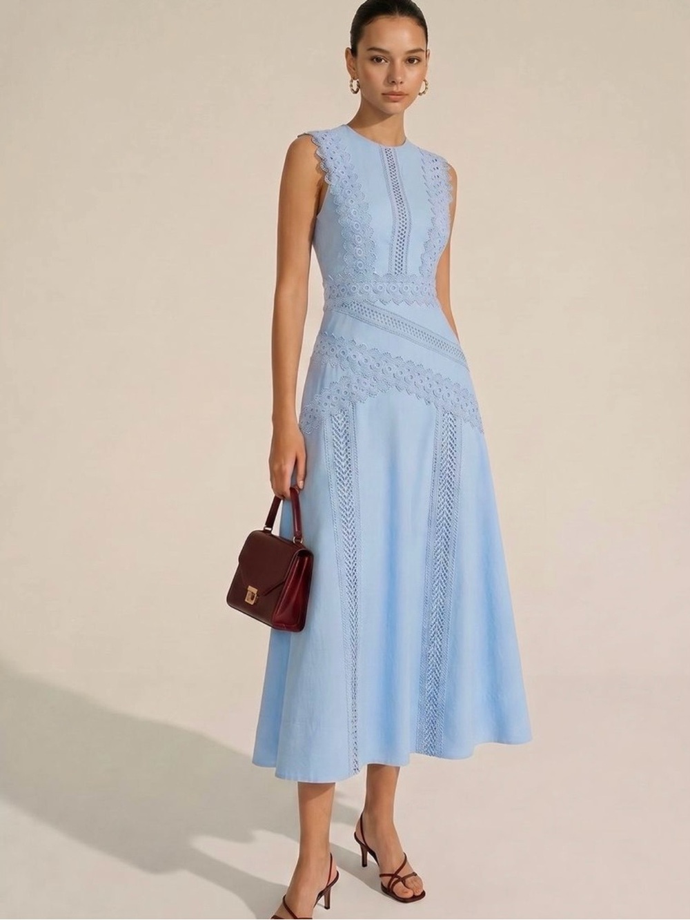 Commense Sky Blue Sleeveless Midi with Lace Insets